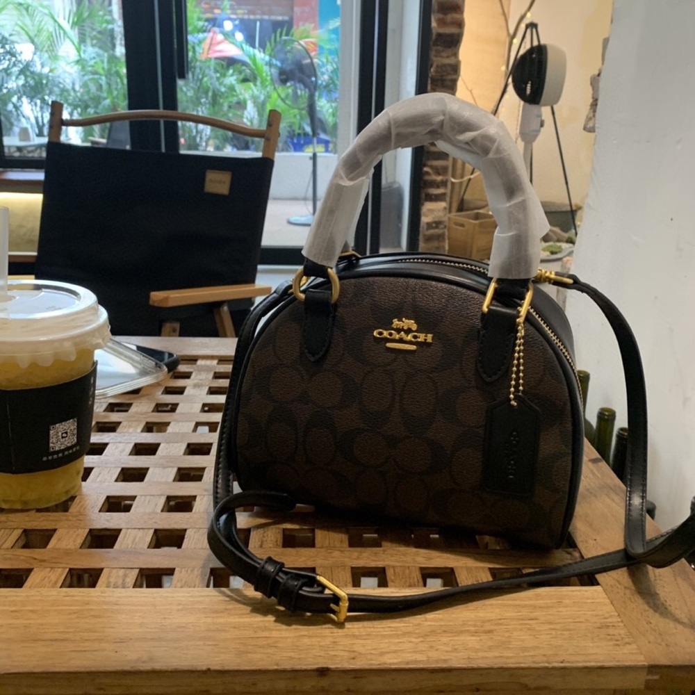 Coach Brown Signature Mini Dome Satchel with Black Trim
